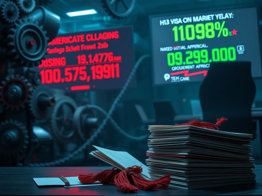 Flick International Dark corporate office scene with gears representing the H1B visa program's complexities and college diplomas in the foreground