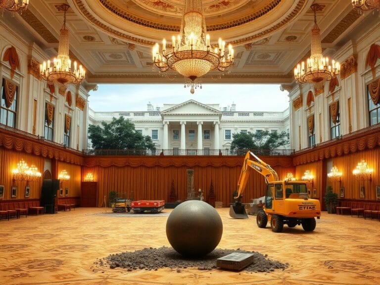 Flick International Grand ballroom of the White House with a wrecking ball, symbolizing political controversy
