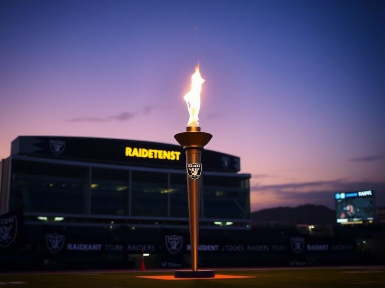 Flick International Al Davis Memorial Torch glowing against twilight sky at Allegiant Stadium