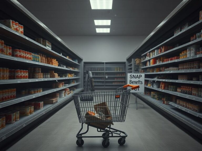 Flick International Empty grocery store aisle with partially stocked shelves and abandoned shopping cart, depicting food insecurity.