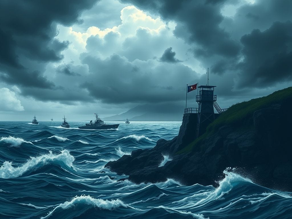 Flick International Rugged Taiwanese coastline under stormy skies with a military watchtower