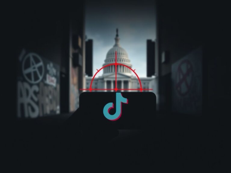 Flick International Dark moody scene depicting a digital device with the TikTok logo and a blurred government building in the background, symbolizing authority and danger.