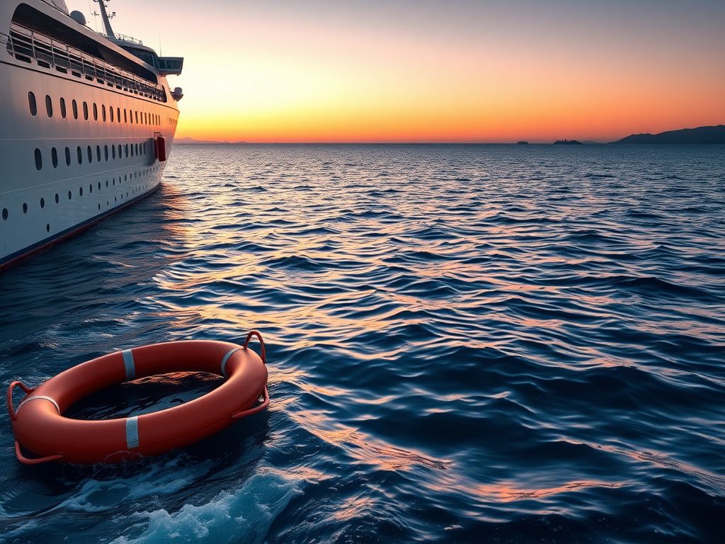 Flick International A Viking Star cruise ship anchored in the Mediterranean Sea at dusk with a life buoy in the foreground