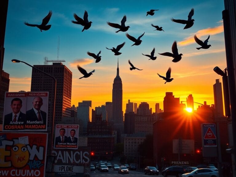 Flick International A dramatic urban skyline of New York City at dusk with campaign posters for Cuomo and Mamdani