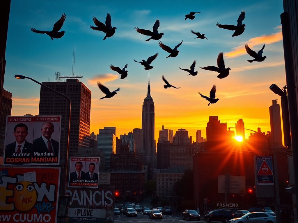Flick International A dramatic urban skyline of New York City at dusk with campaign posters for Cuomo and Mamdani