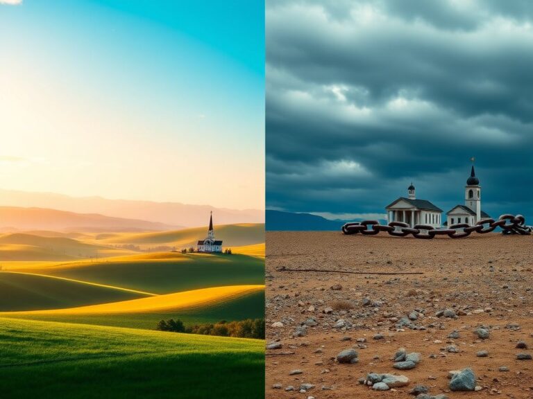 Flick International Split landscape depicting Alabama's vibrant greenery and Michigan's barren terrain representing faith-friendly states