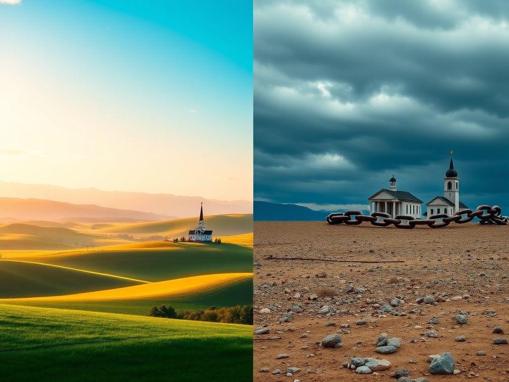 Flick International Split landscape depicting Alabama's vibrant greenery and Michigan's barren terrain representing faith-friendly states