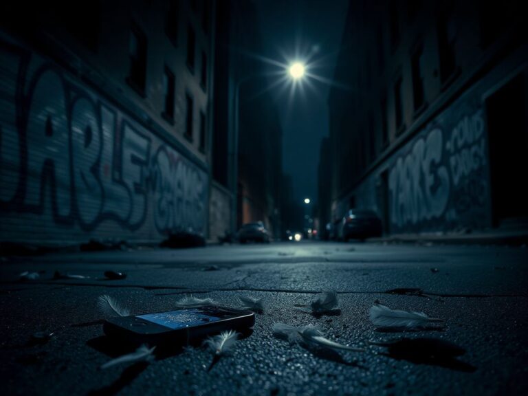 Flick International Dimly lit urban scene in Harlem depicting a deserted street with ominous graffiti and a shattered cellphone, symbolizing violence and crime.