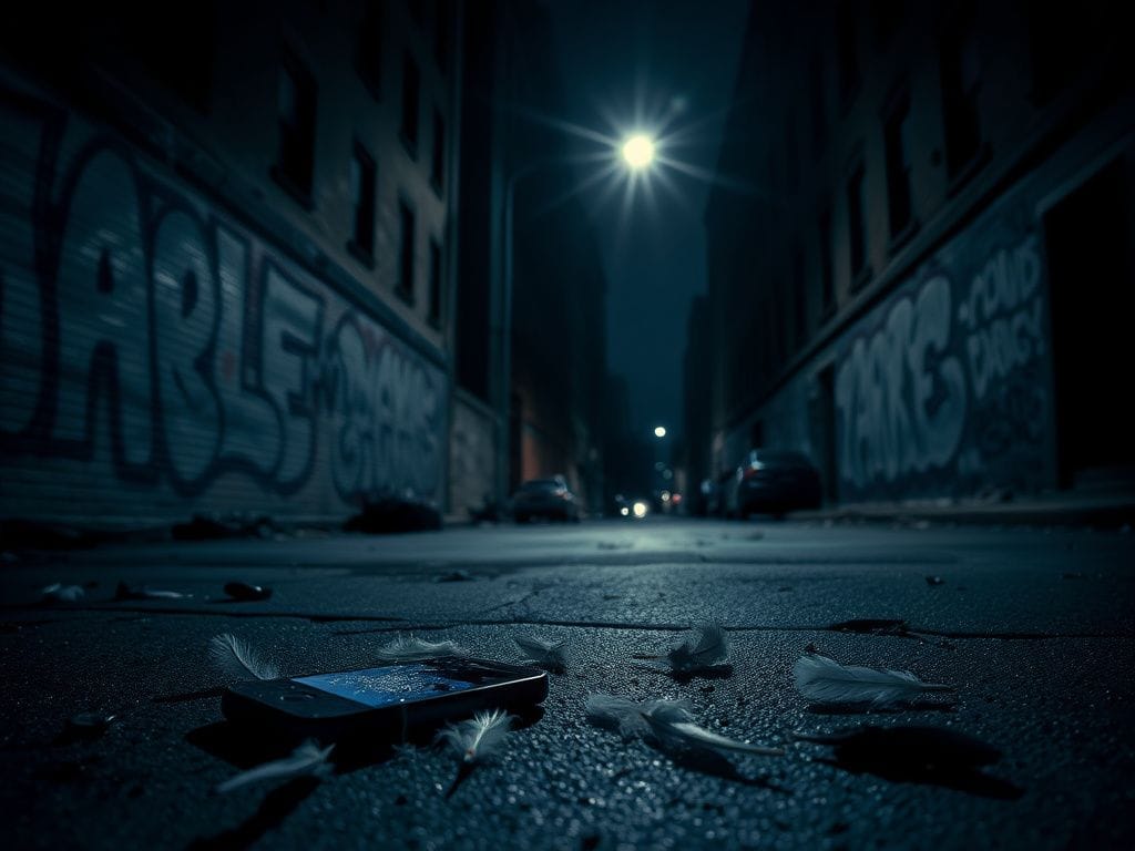 Flick International Dimly lit urban scene in Harlem depicting a deserted street with ominous graffiti and a shattered cellphone, symbolizing violence and crime.
