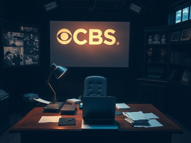 Flick International Dimly lit newsroom set symbolizing change with wooden desk and shadowy television.