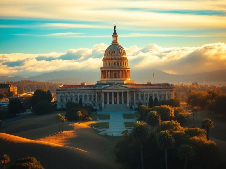 Flick International Aerial view of the California State Capitol building surrounded by a vibrant landscape