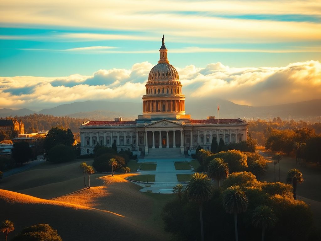 Flick International Aerial view of the California State Capitol building surrounded by a vibrant landscape