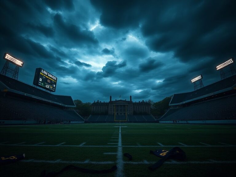 Flick International Dark, empty football stadium under a stormy sky with flickering lights