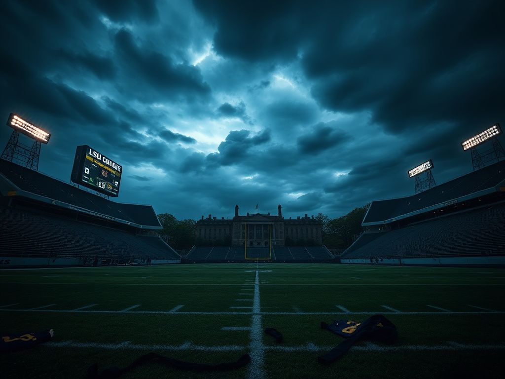 Flick International Dark, empty football stadium under a stormy sky with flickering lights