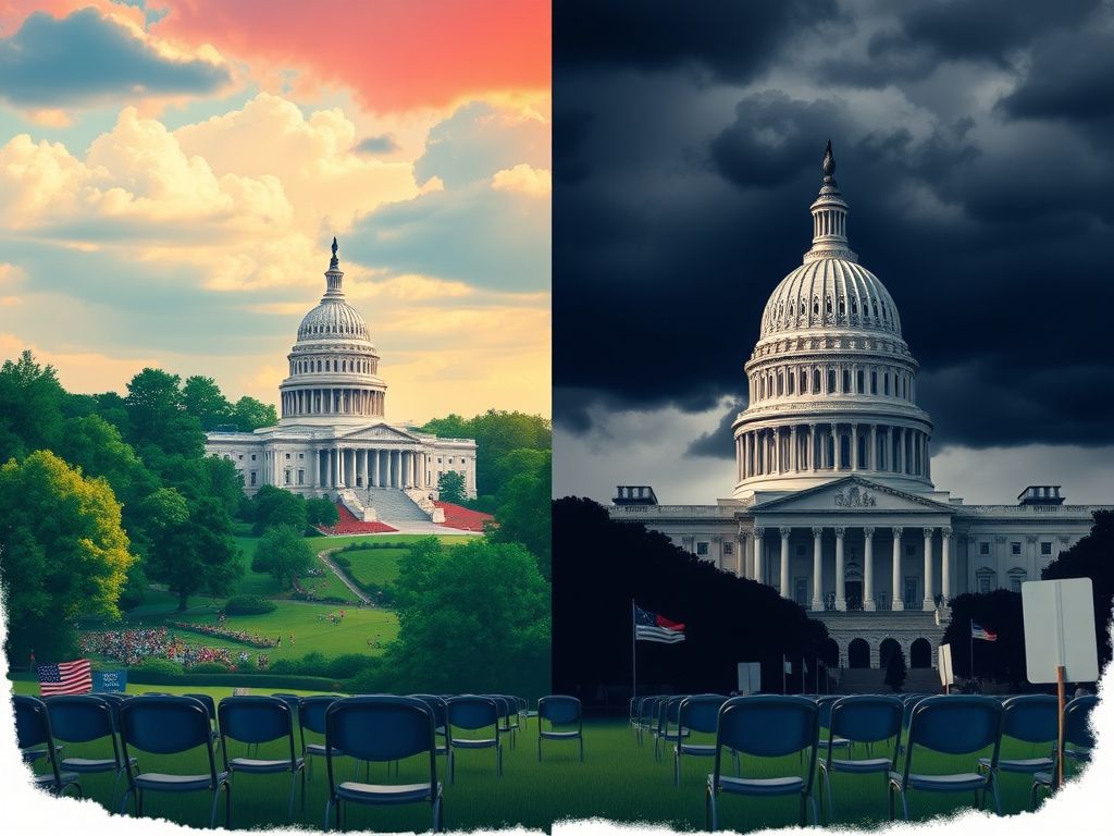 Flick International A vibrant Virginia landscape contrast with a shadowy Washington D.C. silhouette illustrating the 2023 governor races