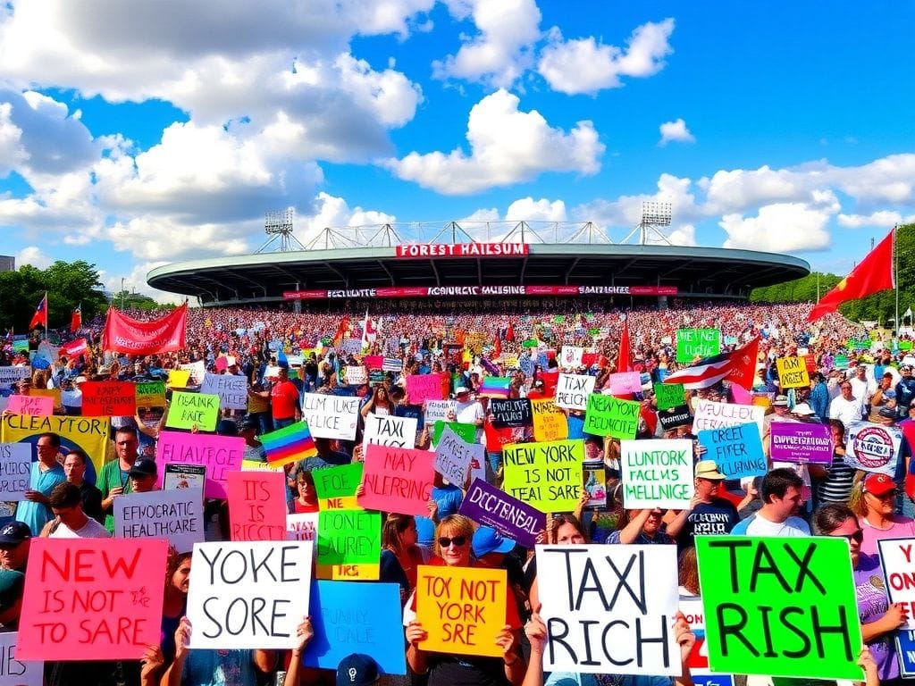 Flick International Vibrant outdoor rally at Forest Hills Stadium with colorful banners and flags advocating for democratic socialism