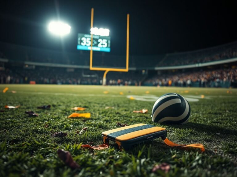 Flick International Scattered penalty flags and an overturned referee's cap on a chaotic football field after a brawl