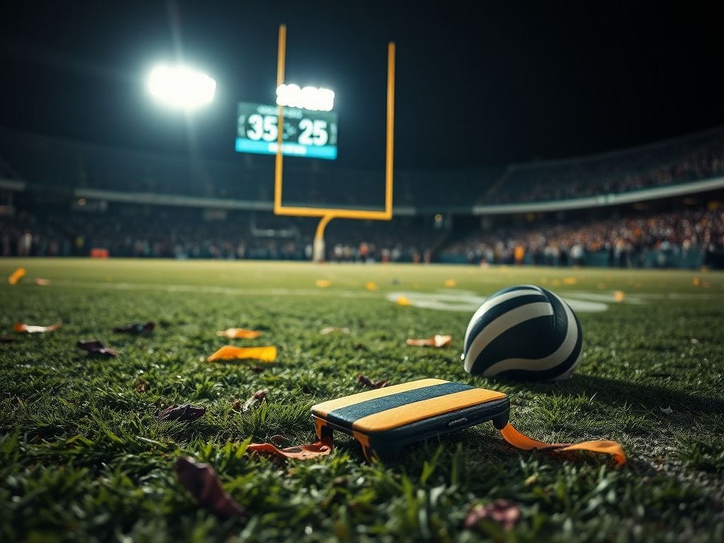 Flick International Scattered penalty flags and an overturned referee's cap on a chaotic football field after a brawl