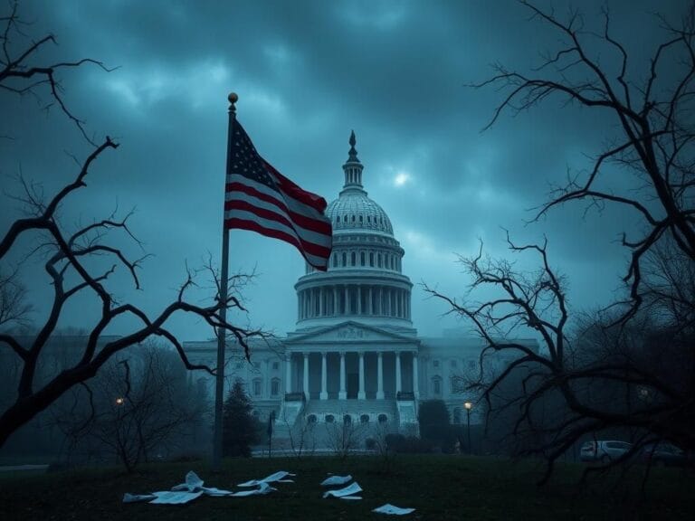 Flick International A darkened U.S. Capitol building shrouded in fog with an American flag in the foreground