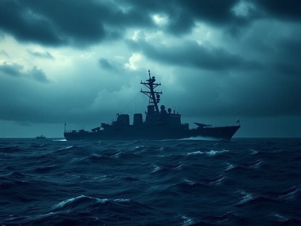 Flick International A shadowy silhouette of a military ship on a turbulent ocean under a stormy sky