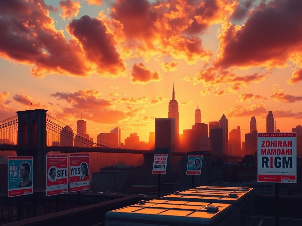 Flick International A vibrant sunset cityscape of New York City, highlighting iconic structures amidst political campaign themes