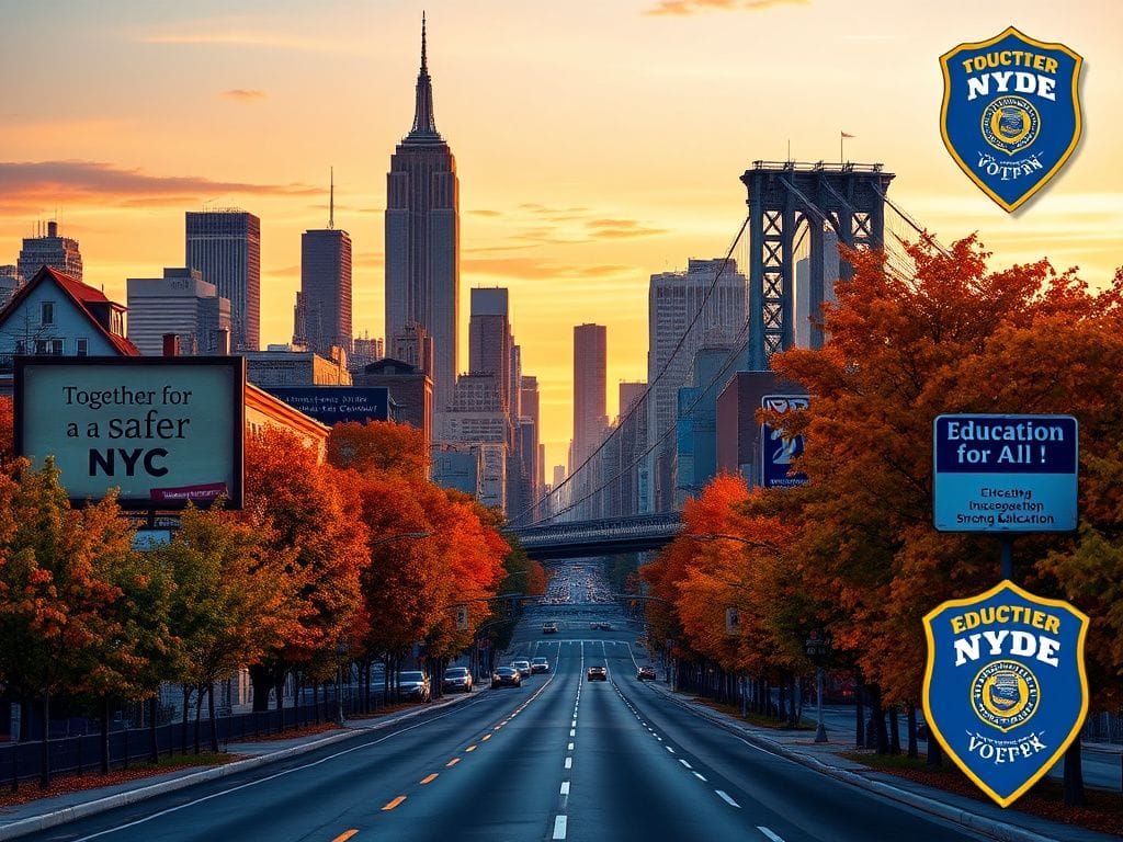 Flick International Bustling New York City skyline at sunset featuring iconic landmarks and vibrant autumn trees.