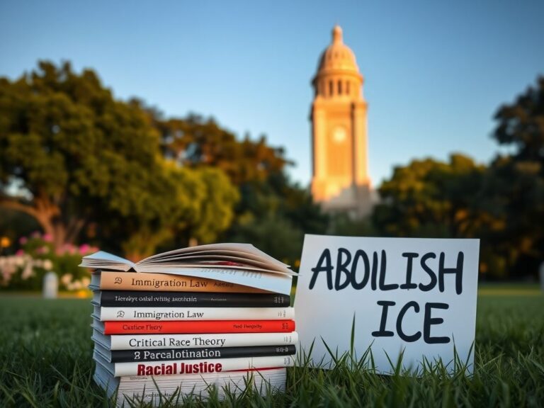 Flick International A serene university landscape at UC Berkeley featuring the Campanile tower and a stack of books on immigration law and racial justice.