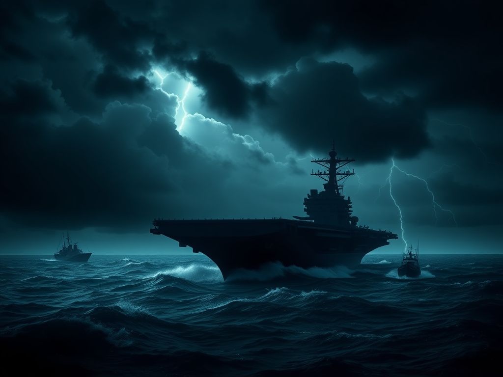 Flick International Dark, stormy Caribbean sea with U.S. Navy aircraft carrier Gerald R. Ford amidst ominous clouds