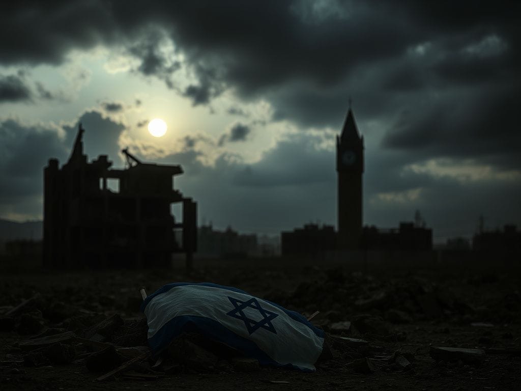 Flick International A haunting urban landscape in Gaza with a crumbling building and a faded Israeli flag symbolizing loss