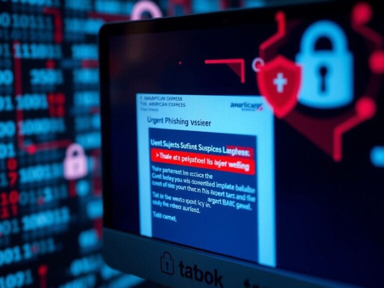 Flick International Close-up of a phishing email on a computer screen with urgent warnings and fake American Express logos