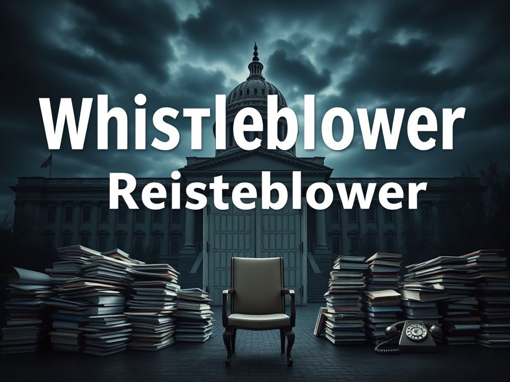 Flick International A dark government building with ominous clouds, representing secrecy and whistleblower retaliation.