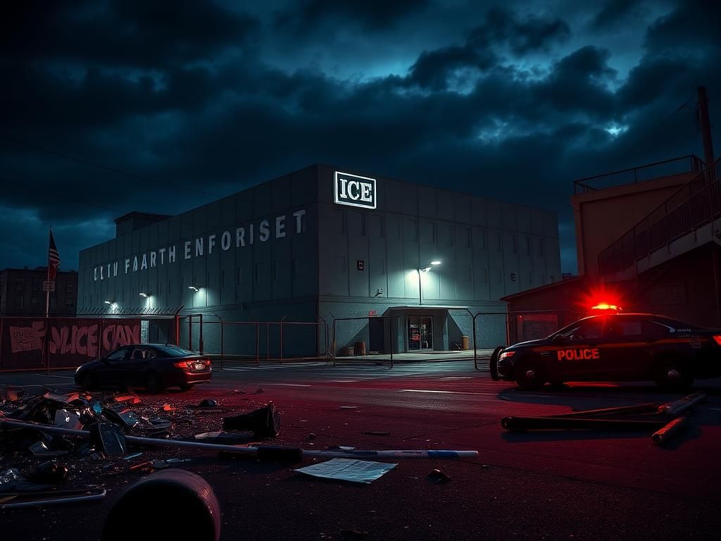 Flick International Chaotic scene outside ICE facility in Portland at night
