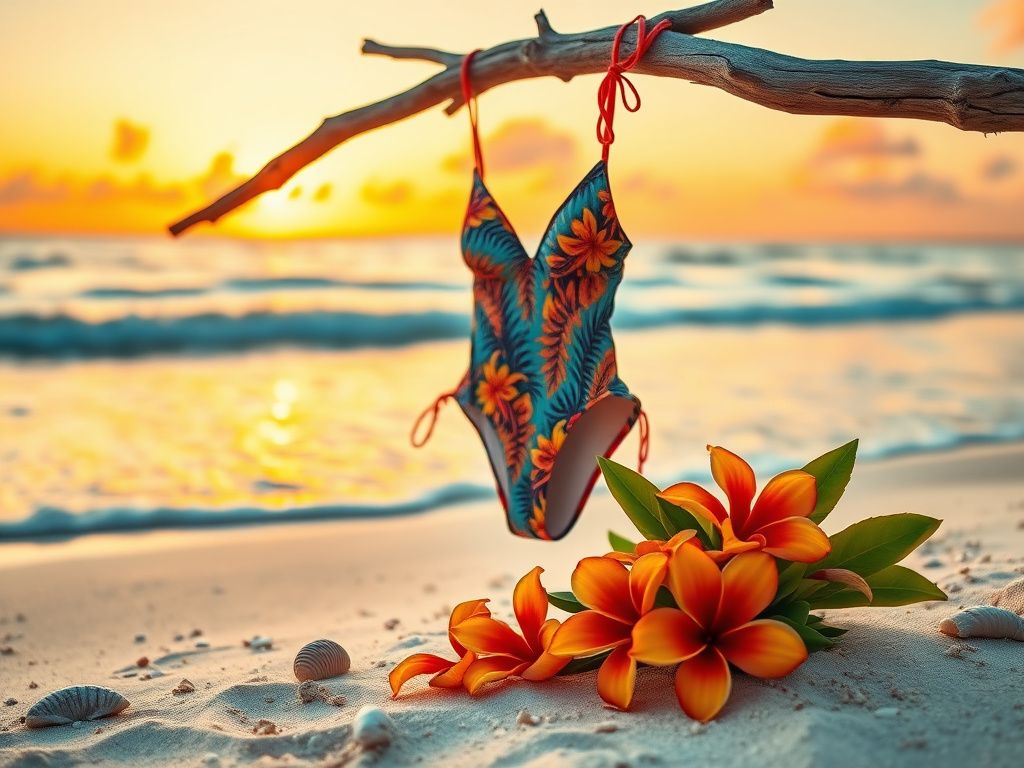Flick International Stylish bathing suit hanging on driftwood at a beach during sunset