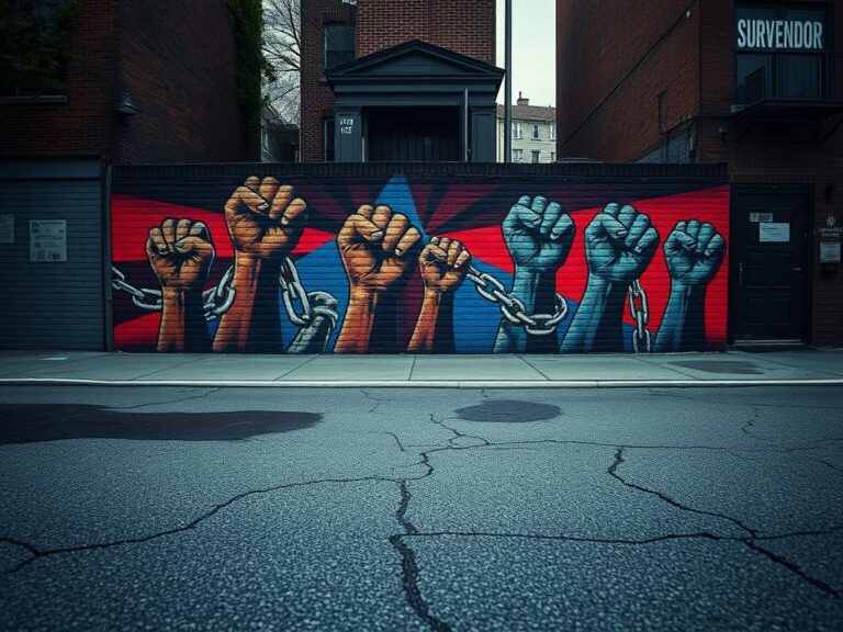 Flick International Mural representing civil rights struggle in Harlem with powerful imagery of clenched fists and broken chains