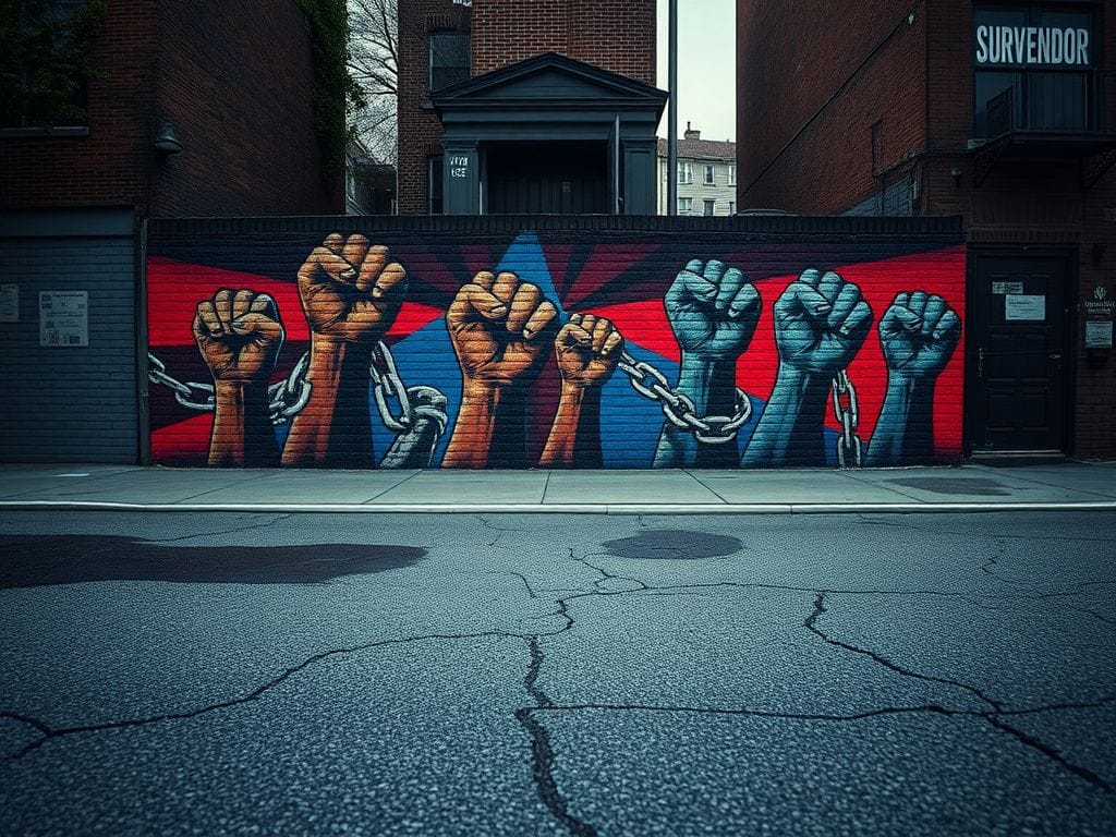 Flick International Mural representing civil rights struggle in Harlem with powerful imagery of clenched fists and broken chains