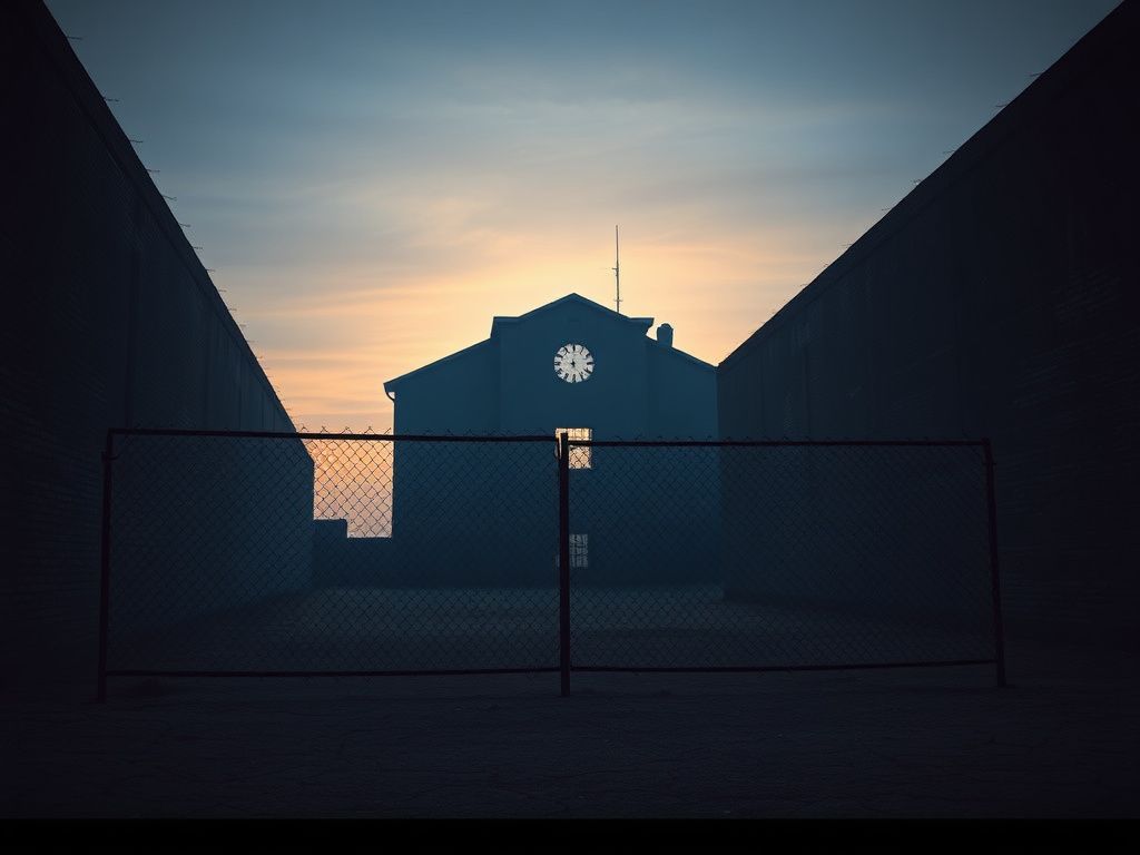 Flick International A stark prison yard at dawn with high brick walls and a solitary chain-link fence.