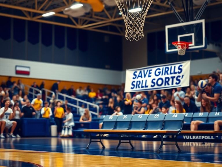 Flick International High school volleyball playoff game with empty bench and 'Save Girls' Sports' banner