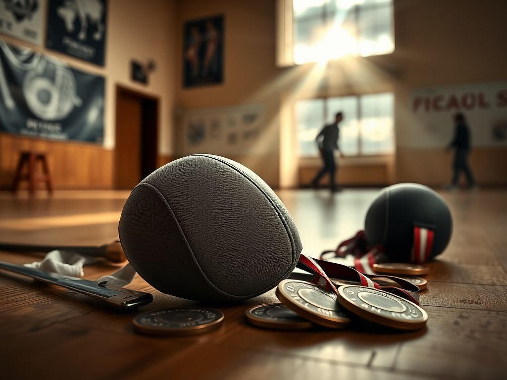 Flick International A closed fencing mask on a wooden floor with scattered fencing gear, symbolizing the sport's achievements