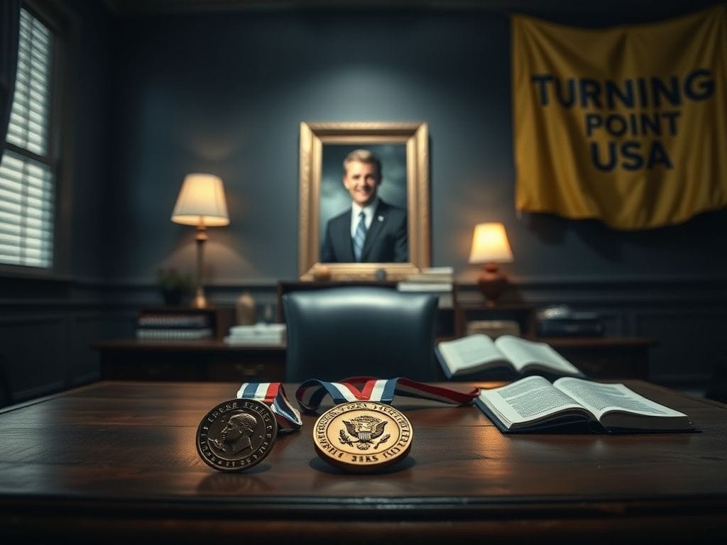 Flick International Dimly lit room with a desk covered in personal items, a presidential medal of freedom, and a photo of Charlie Kirk