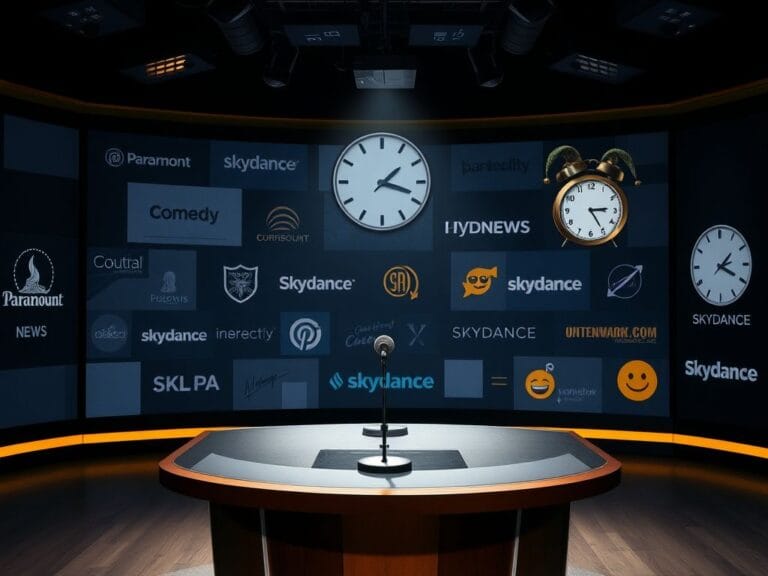 Flick International Dimly lit television studio set with an empty news desk and microphone