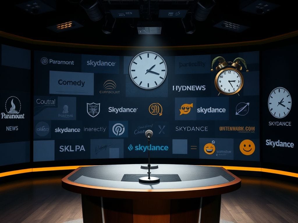 Flick International Dimly lit television studio set with an empty news desk and microphone