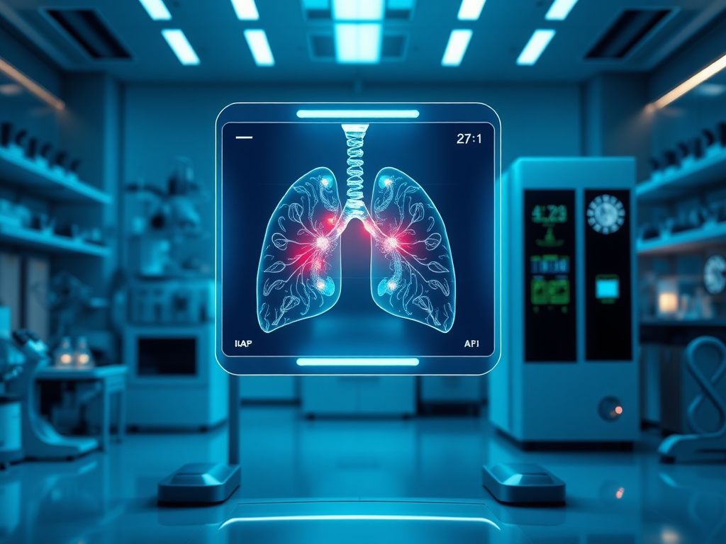 Flick International Advanced AI tumor detection machine in a futuristic medical laboratory