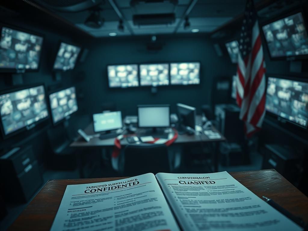 Flick International A dramatic view of an empty surveillance room showcasing dimly lit screens and confidential documents