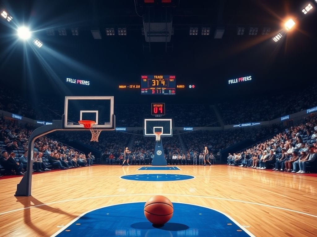 Flick International Basketball court at night with empty hoop and basketball symbolizing intense game atmosphere