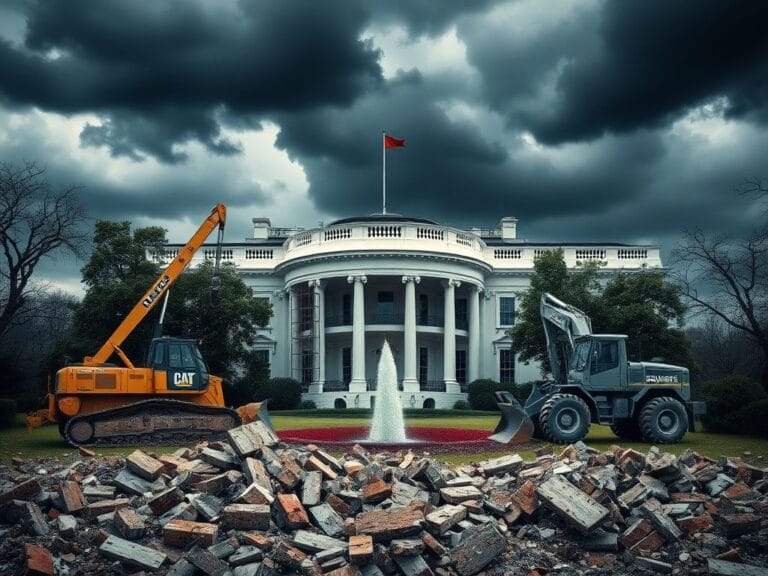 Flick International Dramatic view of the White House with construction machinery including a wrecking ball for political demolition depiction