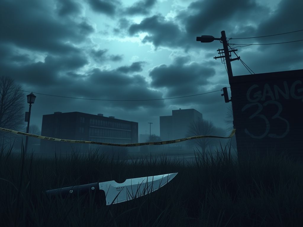 Flick International Dark urban landscape with a glinting knife in the grass, symbolizing danger and tension