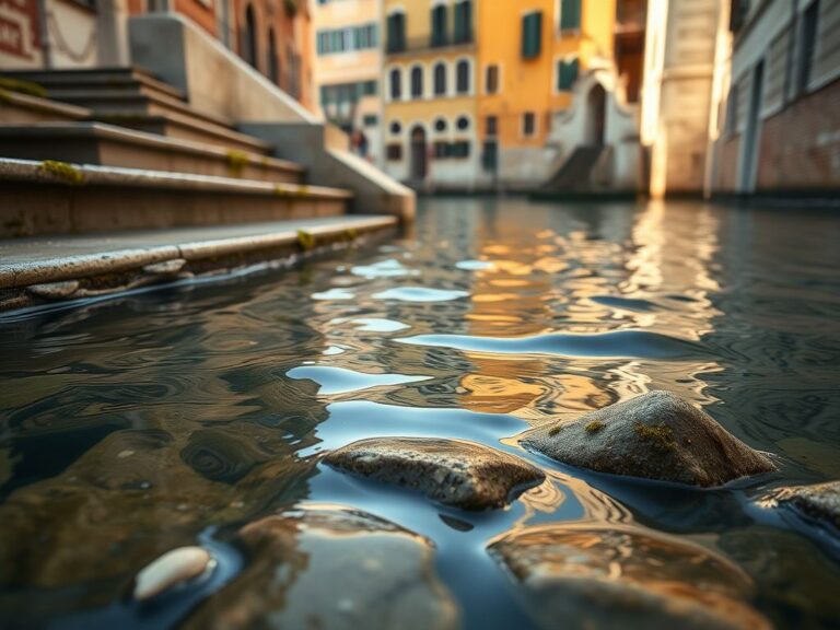 Flick International Serene view of a Venetian canal with reflections and moss-covered stone steps