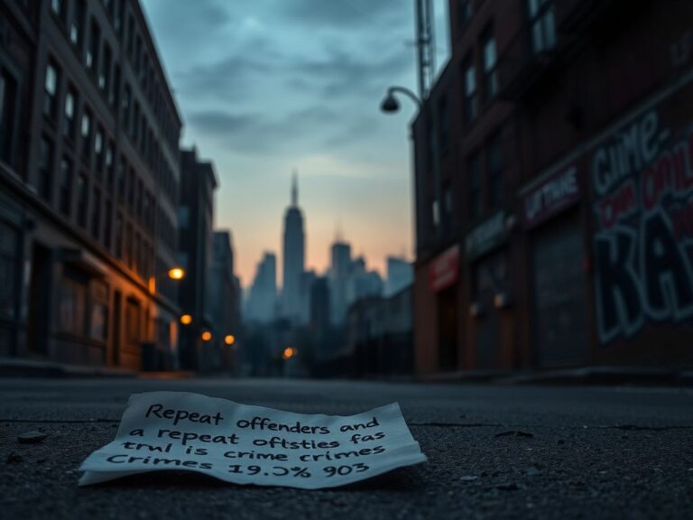 Flick International A dilapidated city street at dusk, illustrating urban crime and neglect with a crumpled paper detailing crime statistics.