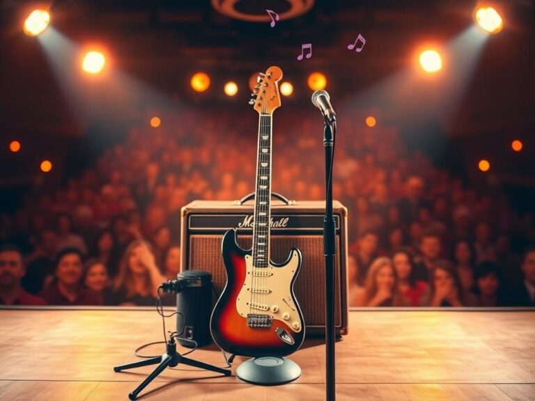 Flick International Vibrant stage with illuminated electric guitar against a vintage amplifier