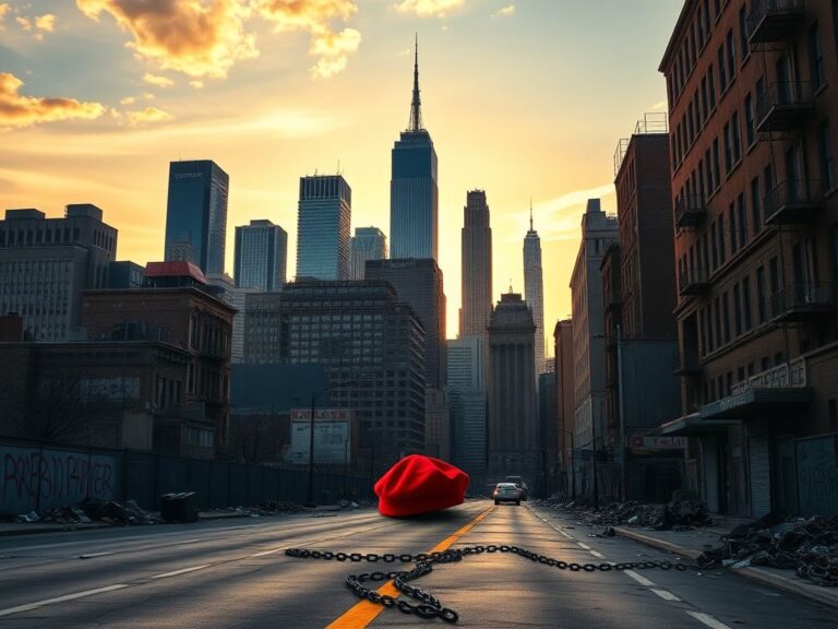 Flick International Dynamic New York City skyline during sunset highlighting contrasts between skyscrapers and dilapidated buildings